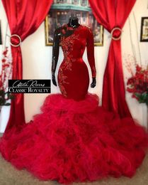 Red Veet Mermaid Prom Dresses Arabic Jewel Neck Illusion Lace Appliques Crystal Beads Long Sleeves Sexy Plus Size Fromal Evening Party Gowns Tiered Ruffles 0425