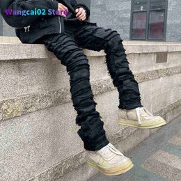 Men's Jeans Heavy Industry Hole Frayed Destruction Waxed Jeans Mens High Street Retro Straight Ripped Pencil Pants Oversize Denim Trousers 021723H