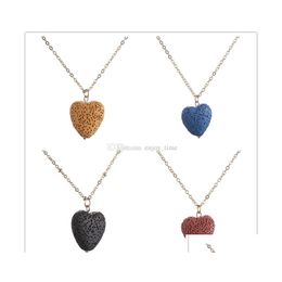 Pendant Necklaces Fashion Gold Plated 5 Colours Love Heart Lava Stone Necklace Aromatherapy Essential Oil Diffuser For Women Jewellery Dh8Kx