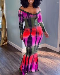 Casual Dresses Autumn Women Off Shoulder Abstract Print Mermaid Bodycon Dress Femme Long Sleeve Maxi Tie Dye Party Lady