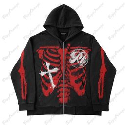 Mens Hoodies Sweatshirts Y2k Skeleton bone print street fashion brand zipper black cardigan coat plush Loose and casual Gothic hoodie men 230216