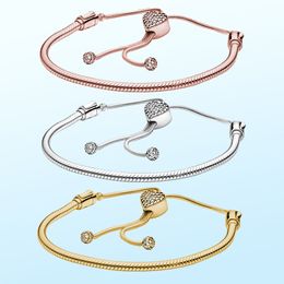 925 Sterling Silver New Fashion Women Charm Sliding Bracelet, with Heart Lock, Snake Chain, Compatible with Original Beads, Female Gift