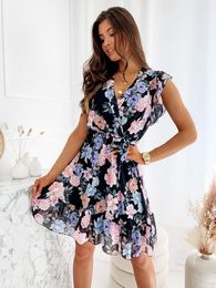 Casual Dresses Women Summer Dress Fashion Chiffon Ruffles Sleeve Floral Print Mini Casuaal V-neck Pink Office Ladies Robe Femme