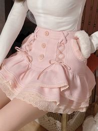 Skirts Japanese Kawaii Lolita Mini Skirt Women Winter Lace Casual Elegant Sweet Female Skirt High Waist Bandage Korean Skirt 230217