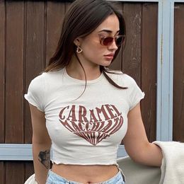 Women's T Shirts Women Short Sleeve Graphic Shirt Crop Top Heart Letter Print Tshirt Sexy Summer Casual Tops Tee Vintage