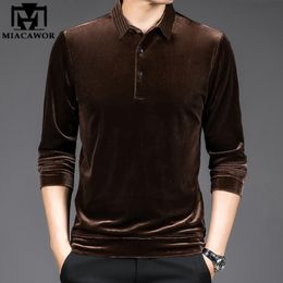 Men's Polos High Quality Golden Velvet Luxury Polo Shirt Men Spring Long Sleeve Tee Shirt Homme Casual Slim Fit Camisa Polos T1129 230217