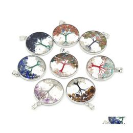 Charms Gravel Natural Stone Tree Of Life Pattern Glass Round Rose Quartz Healing Reiki Crystal Pendant Diy Necklace Earrings Whole D Dhi0A