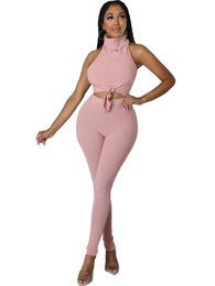 Women's Two Piece Pants Sexy Knit Ribbed Halter Set Asymmetrical Turtleneck Backless Tops And Women Sleeveless Club Outfits Party SetsWomen'