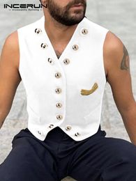 Men's Vests Party Nightclub Style Men Solid Metal Button Waistcoat Casual llmatch Male Sleeveless Vneck S5XL INCERUN Tops 2023 230217