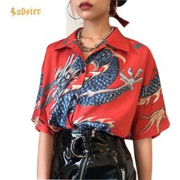 Women's Blouses Shirts Summer Tops Harajuku Blouse Dragon Print Short Sleeve Female Streetwear kz022 230217