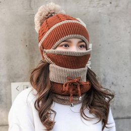 Berets 3-in-1 Winter Set Unisex Warm Beanie Skullies Knit Face Mask Hood Snood Wind-proof Cap Women Ski Riding Hat And Scarf SetBerets