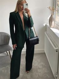 Womens Two Piece Pants Woman Elegant Dark Green Straight Blazer Suits Autumn Female Solid Basic Matching Set Ladies Medium Waisted Suit 230216