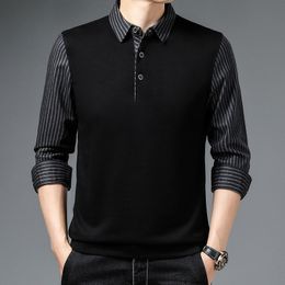 Men's Polos Fashion Men Striped Polo Shirts for Men Solid Colour Casual Designer Long Sleeve Tops Button Collar Men's Clothing 230217