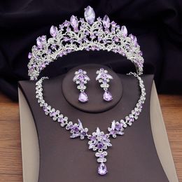 Wedding Jewelry Sets Gorgeous Purple Crystal Bridal for Women Silver Colors Tiaras Earrings Necklaces Crown Set Fashion 230216