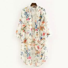 Women's Blouses Shirts Women Vintage Floral Chiffon Small Fresh Simple Long Sunscreen Blouse Loose Shawl Kimono Cardigan Boho Tops 230217