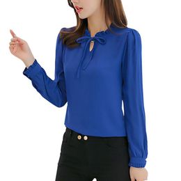 Women's Blouses Shirts Spring Women Blue Long Sleeve Stand Collar Bow Elegant Ladies Chiffon Blouse Tops Fashion Office Work Wear 230217