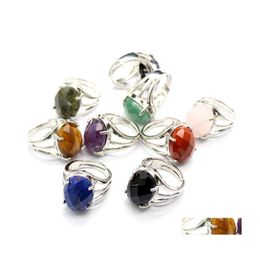 Solitaire Ring Natural Stone Egg Oval Mtifaceted Rings Tigers Eye Lapis Pink Quartz Amethyst Opal Crystal Finger For Women Jewellery D Dhsot