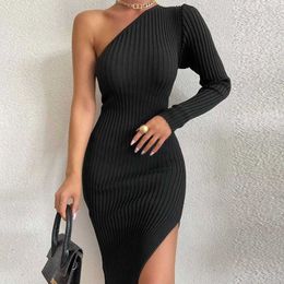 Casual Dresses Sexy One Shoulder Long Sleeve Evening Party Dresses Women Knitted Ribbed Bodycon Midi Dress Female 2022 2023 White Black Beige Z0216