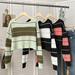 Women's T Shirts Pearl Diary Winter Vintage Green Striped Knitted Sweater Women Harajuku Korean Fashion Oversized Pullover Female Stylish