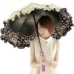Umbrellas Sun Lace Rain Women Sunscreen Korean Three Folding UV Clear Princess Windproof Decoration Ombrello Gift SY259 230217