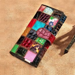 Women Long Wallet Vintage Credit Card Bag Multislots Genuine Leather Female Mobile Phone Bags Colour Stitching Short Coin Purse Wom2604