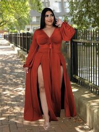 Plus Size Dresses For Chubby Women Chic And Elegant Deep V Long Sleeve Sexy Slit Dress Wholesale Bulk Drop