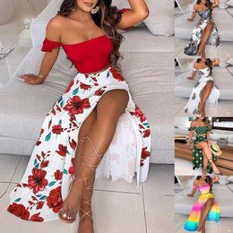Casual Dresses Sexy Women Outfit Two Pieces Set Feather Off Shoulder Tube Crop Top High Slit Hem Ladies Robe Long Dress Print Skirt For