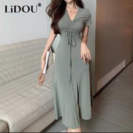 Casual Dresses 2022 Summer Sexy Solid Colour Folds Drawstring Bandage Slit Midi Dress Waist Elegant Party Holiday Dresses Casual Robe Vestidos Z0216