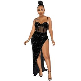 Women Party Dresses Sexy Spaghetti Strap V Neck Mesh See Through Bodycon Sequin Gown Evening Dress with Slit