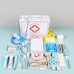 Other Toys 42pcs Kids Doctor Play Set Pretend Doctor's Kit Role Play Wooden Kit with Stethoscope and Carrying Case Educational Toy 230216