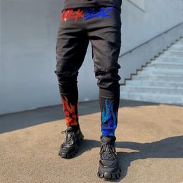 Men's Jeans Elastic Waist Skinny Black Ripped Drill Street Punk Pants Slim Fashion Pencil 230216