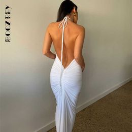 Casual Dresses BoozRey Elegant Fashion Halter Sexy Backless Draped Maxi Dress Women 2022 Summer Women Party Long Straps Pleated Dresses Clothes Z0216