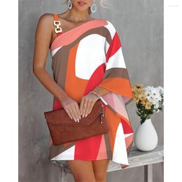 Casual Dresses Summer Women Colorblock Chain Strap Asymmetrical Neck Dress 2023 Femme One Shoulder Chiffon Street Wear