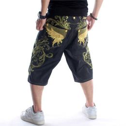 Men's Shorts Summer Loose Hip Hop Denim Shorts Personality Embroidery Hiphop Short Jeans Fashion Baggy Casual Shorts Men Plus Size Z0216