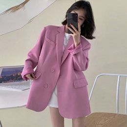 Lady Pure Renk Blazers Casual Çentik Yaka Uzun Kollu Gevşek Takım Ceketler Kadınlar İçin 2023 Bahar Sonbahar Yeni Moda Gelgit Takımları Katlar