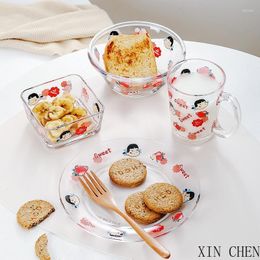 Dinnerware Sets South Korea Cute Strawberry Glass Bowl Salad Ins Wind Cartoon Fruit Children Breakfast Milk Cup Tableware