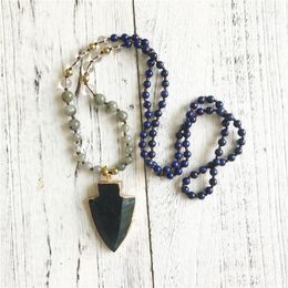 Pendant Necklaces Natural Crystals Lapis Lazuli Labradorite Clear Quartz Beads Knot Hand Necklace 108 Mala