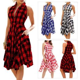 Casual Dresses S!!! Arrival Fashion Summer Lady Plaid Print Button Down Slim Sleeveless Irregular Midi Dress Wholesale Drop