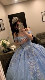 2023 Sparkly Ball Gown Light Blue Quinceanera Dress Elegant Luxury Prom Dresses 3D Floral Appliques Party Dress Lace Birthday Graduation Gowns
