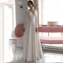 Wedding Dress Modest Long Sleeve 2023 V-Neck A-Line Sexy Open Back Satin Elegant White Bridal Gown With Belt Floor Length