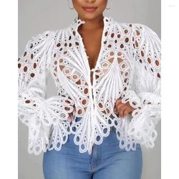 Women's Blouses Sexy Women Plain Eyelet Embroidery Button Front Top 2023 Femme Casual Bell Sleeve Cut Out V Neck Blouse Lady Outfits