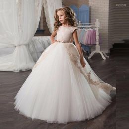 Girl Dresses Lace Appliques Flower Ball With Bow Kids Evening Gown First Communion