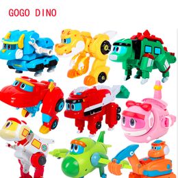 Action Toy Figures Mini Deformation Gogo Dino Explorers REX Transformation Car Aeroplane Motorboat Crane Gogo Dinosaur Toys For Children 230217