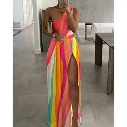 Casual Dresses 2023 Summer Women Colorblock One Shoulder High Slit Maxi Dress Fashion Femme Sleeveless Outfits Party Birthday