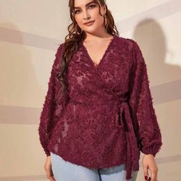 Women's Plus Size T-Shirt Fashion Plus Size Shirts For Women Lace-up Bow Tops V-neck Long-sleeved Loose Elegant Ladies Solid Colour Cardigan 230216
