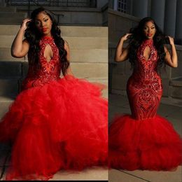 Red Sexy Mermaid Prom Dresses High Neck Keyhole Sequined Lace Tulle Sequins Tiered Ruffles Skirts Evening Gowns Plus Size Formal Party Dress