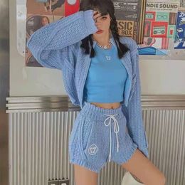 Women s Two Piece Pants Zip Sweater Shorts Knit Set Women Sweat Suit Autumn Sports Outfit Crochet Kit High Waist Korean Family Matching Blue 230217