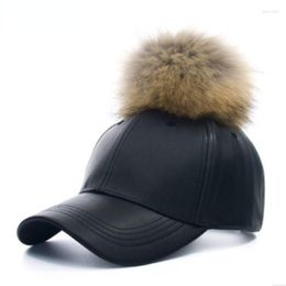 Ball Caps MAERSHEI Women Fashion Real Fur Baseball Cap Warm Casual Sweer Girl Hat Snapback Pom Leather Hip Hop Bone