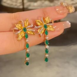 Dangle Earrings RUZZALLATI Luxury Vintage Emerald Long Tassel Drop For Women Yellow Gold Colour Daangler Cocktail Jewellery