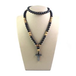 8mm Hematite Wood Beaded Necklaces Matte Black Agate Necklace Long Sweater Chain 2Pcs/Lot